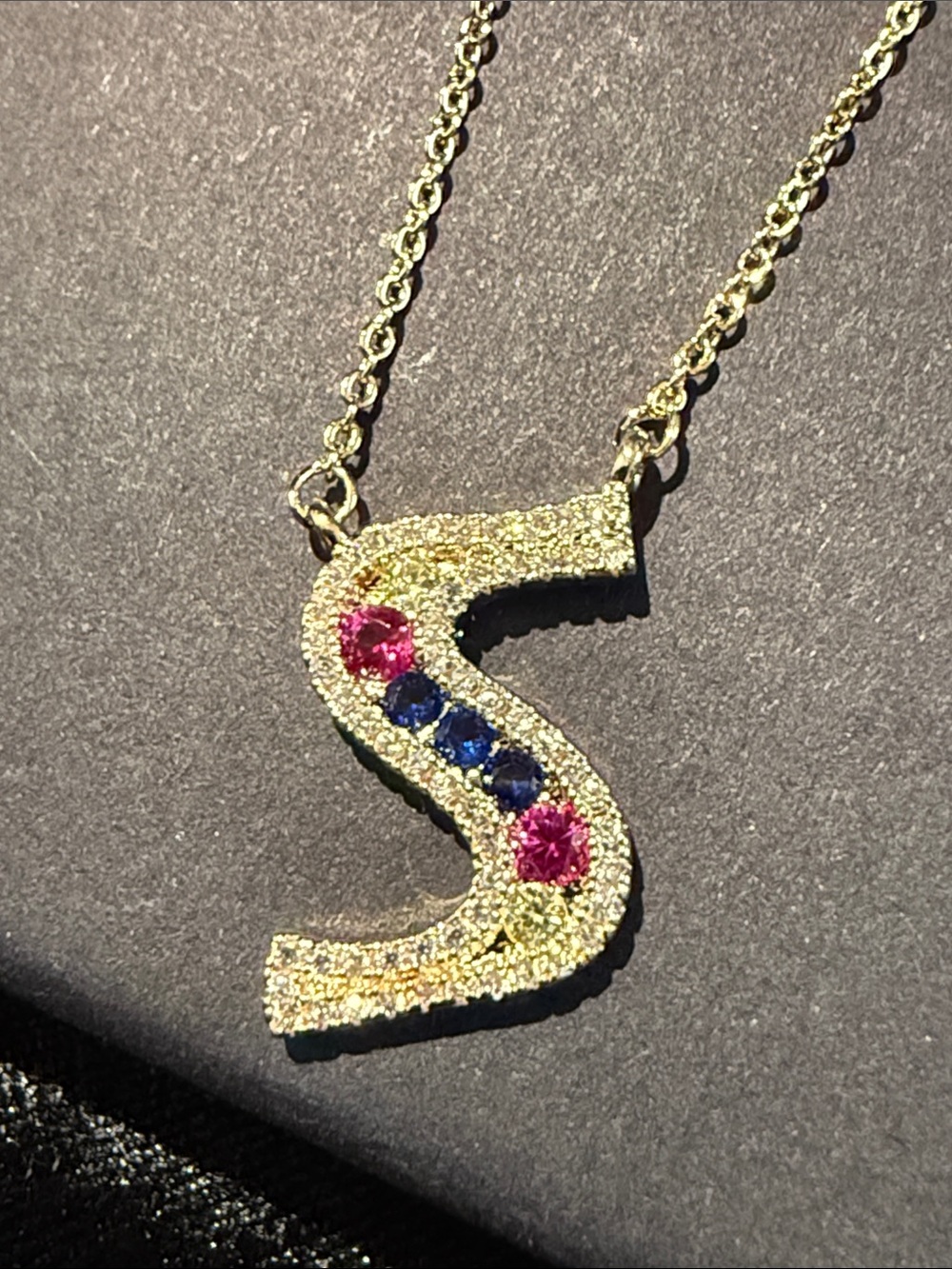 Gold Initial S Necklace with Multicolor Gem Accents